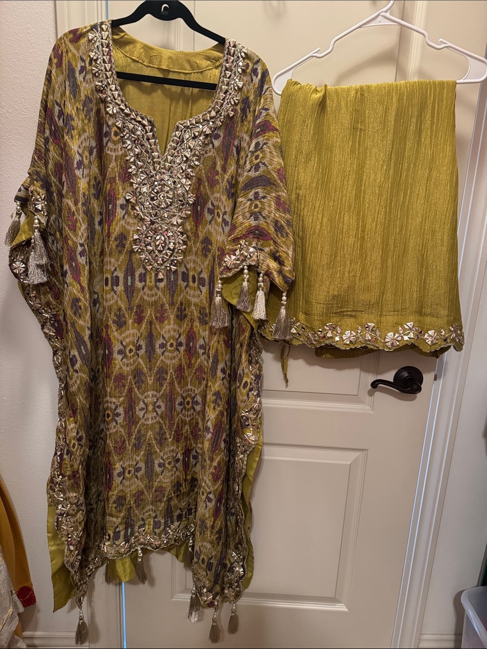 Gorgeous Mirror Gota Ikat design Kaftan set in Olive and Purple shimmer fabric